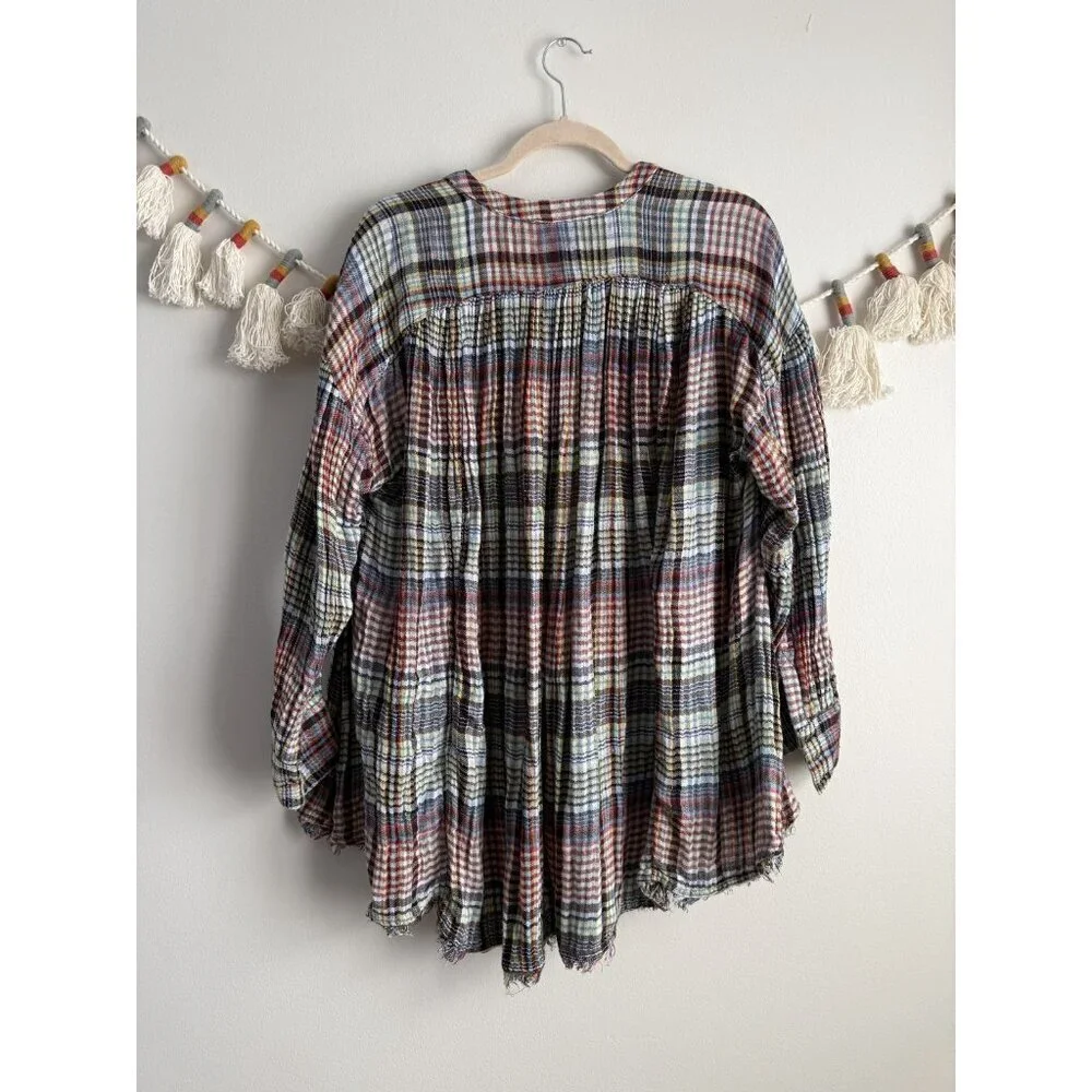 Free People Come On Over Multicolor Plaid Pleated Flowy Oversized Top Boho S